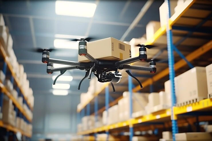 drone-delivery-drone-flies-through-warehouse-carries-cardboard-box