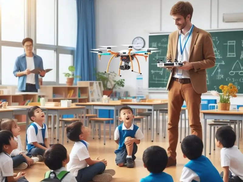 a-young-teacher-using-a-drone-in-classroom-with-children-advantages-of-drones
