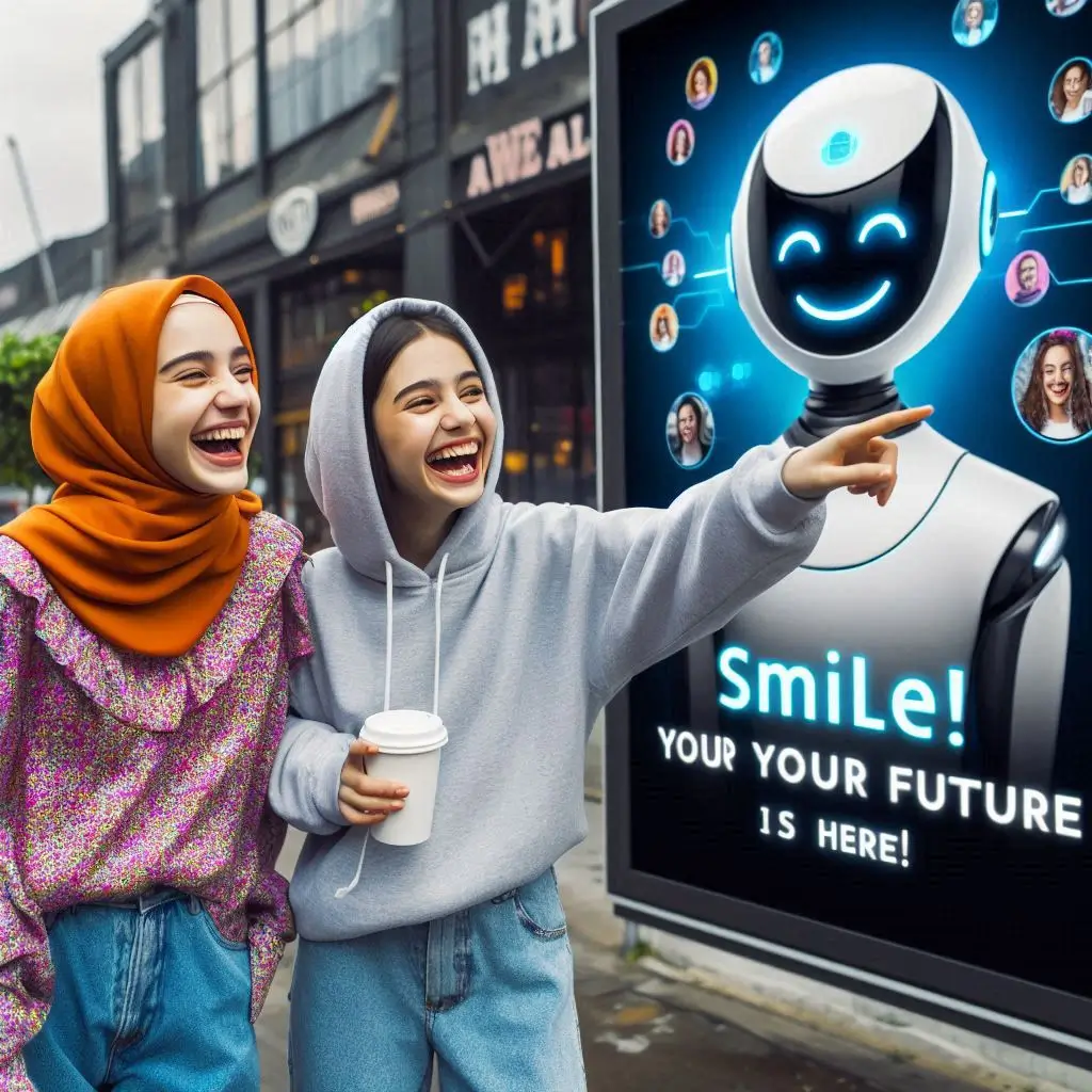 everyday-students-laughing-at-an-AI-billboard