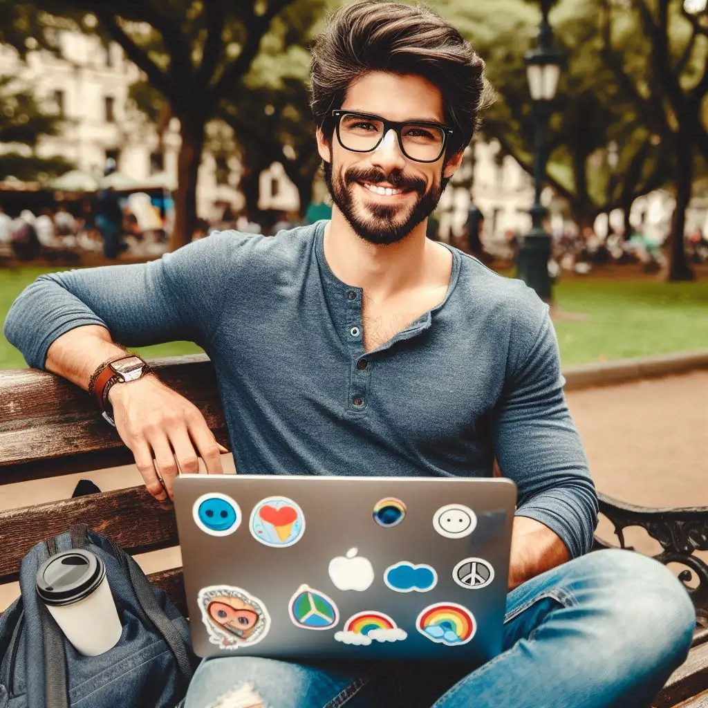 a-handsome-man-with-a-laptop-with-stickers-on-the-back